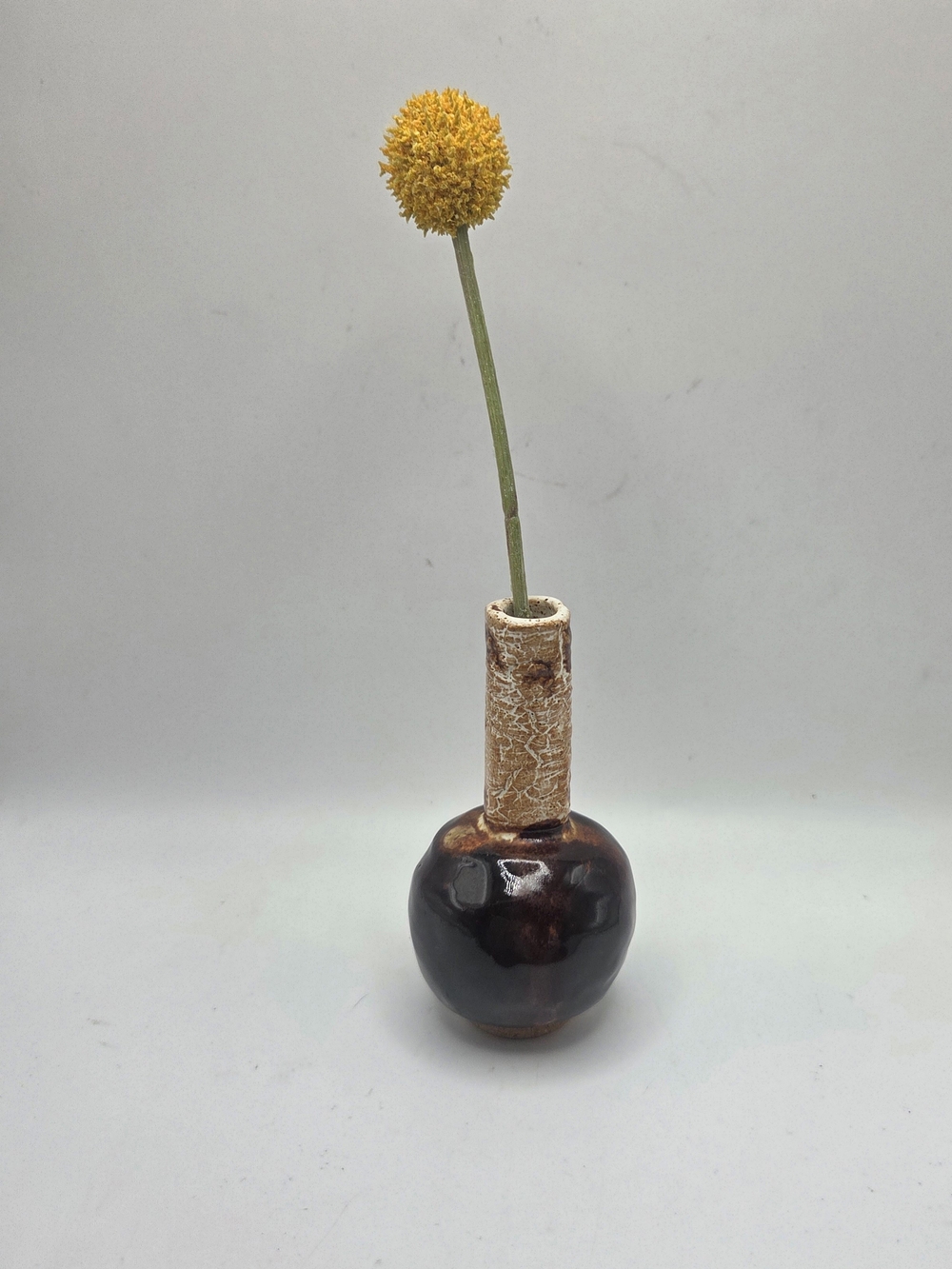 Vintage Signed Pottery Brown Ceramic Bud Vase with Cream Neck